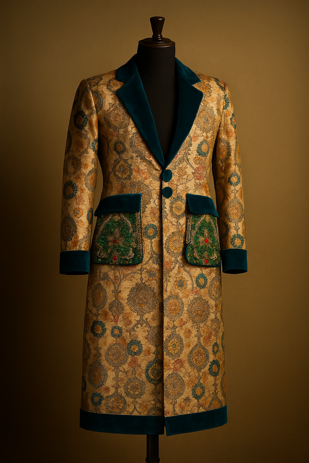 Silk Coat with Teal Velvet & Embellished Pockets