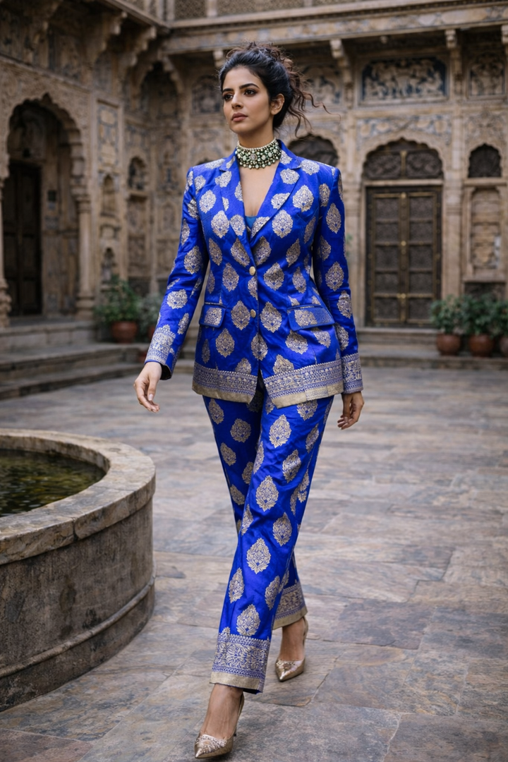 Blue Brocade Silk Co Ord Set