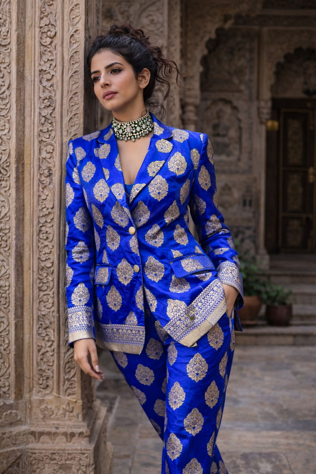 Blue Brocade Silk Co Ord Set