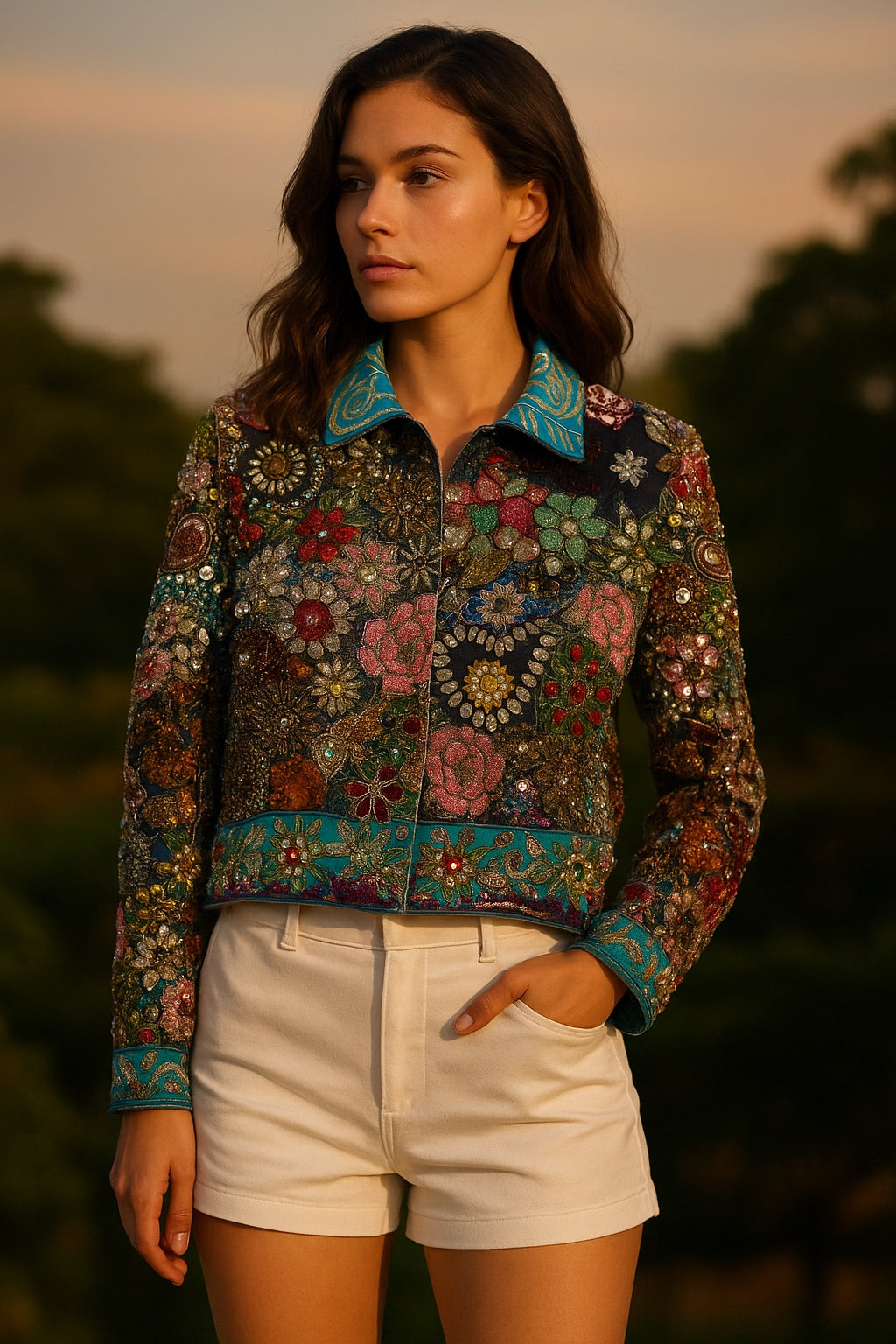 Blue Denim Hand-Embroidered Boho Jacket