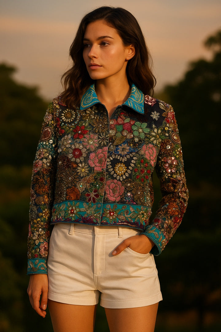 Blue Denim Hand-Embroidered Boho Jacket