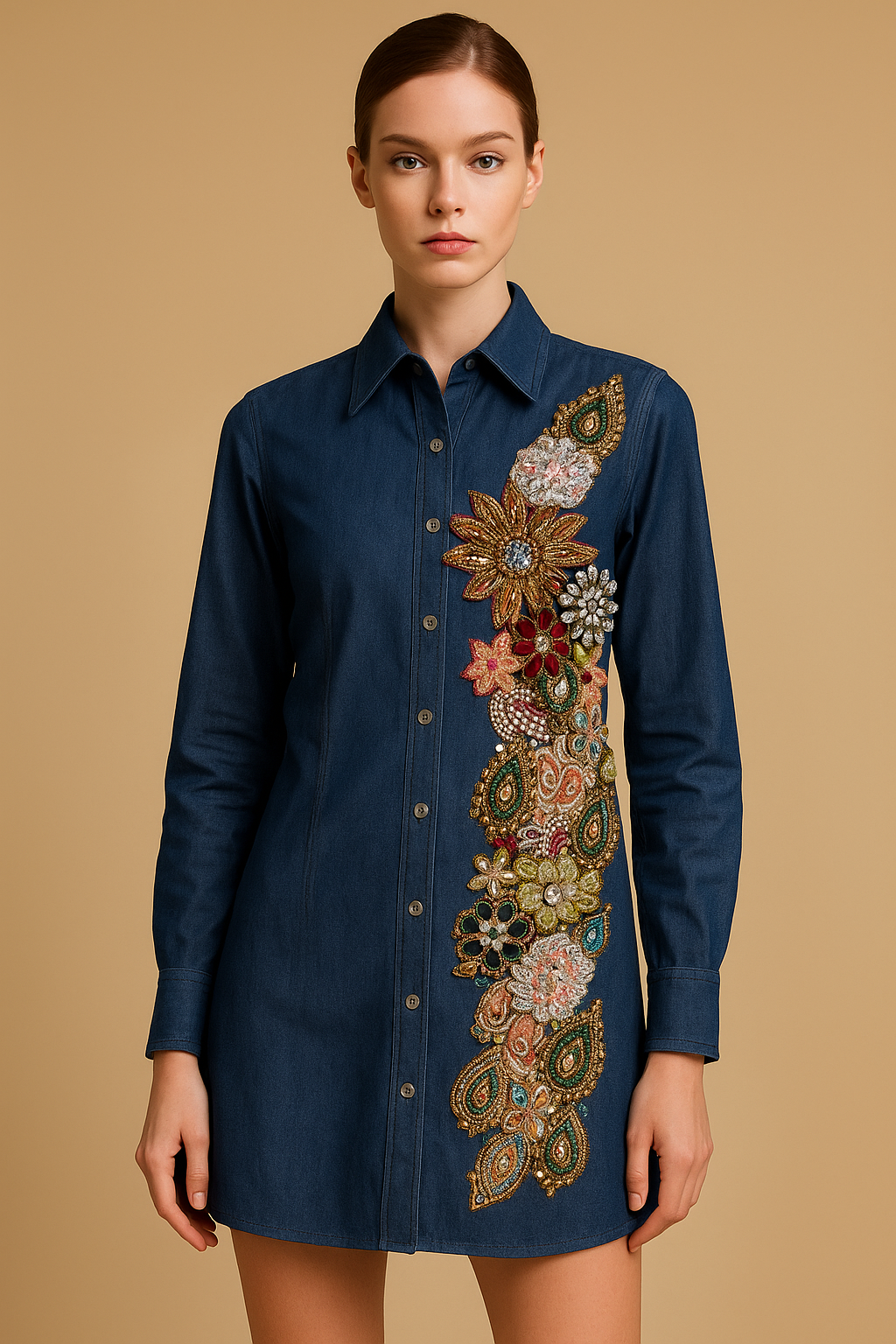 Hand-Embroidered Floral Motif Denim Shirt Dress