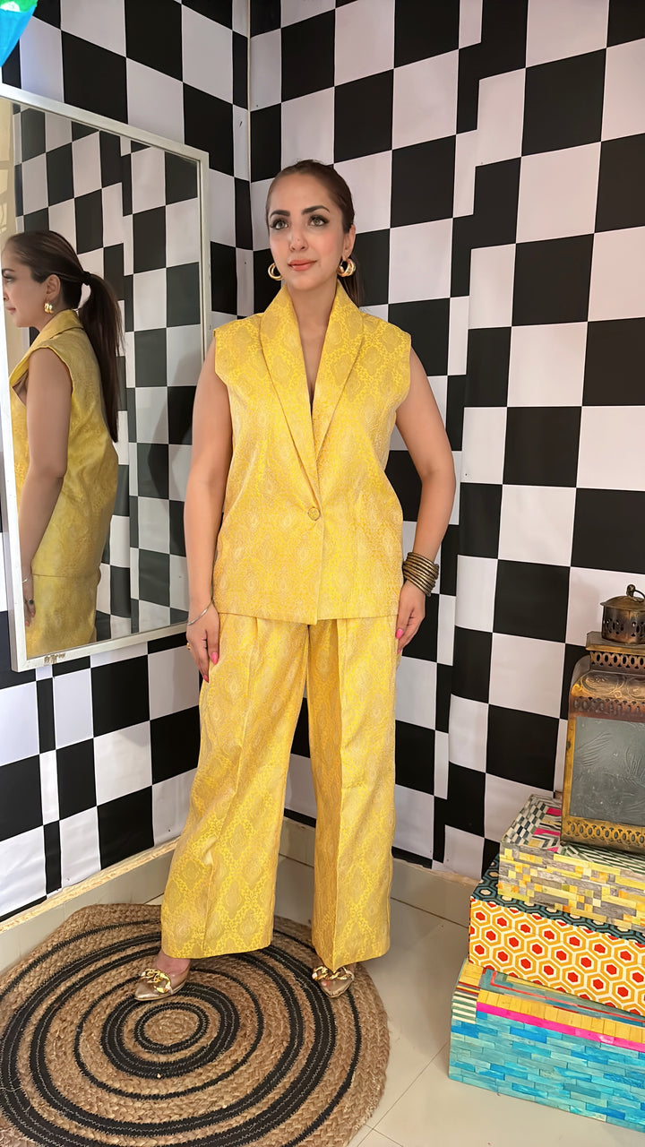 Yellow Brocade Sleeveless Pant Suit
