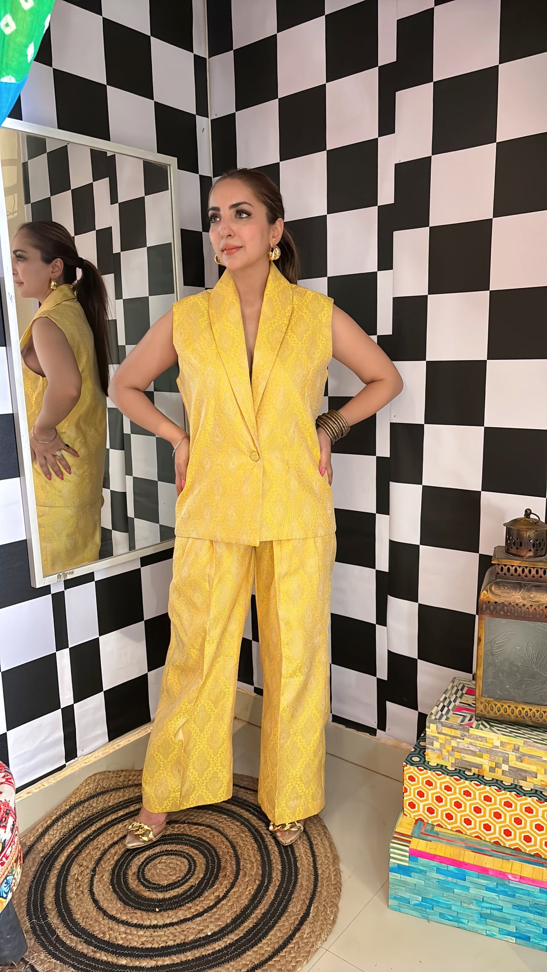 Yellow Brocade Sleeveless Pant Suit