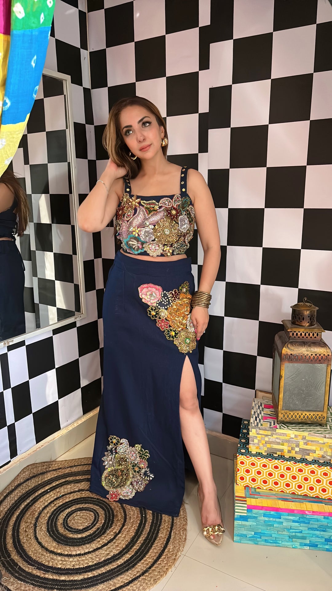 Denim Embellished Bustier & Slit Skirt Set