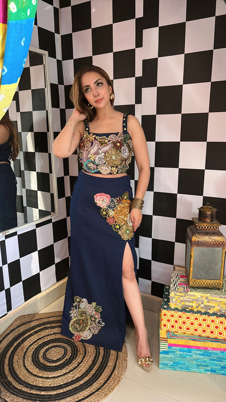 Denim Embellished Bustier & Slit Skirt Set