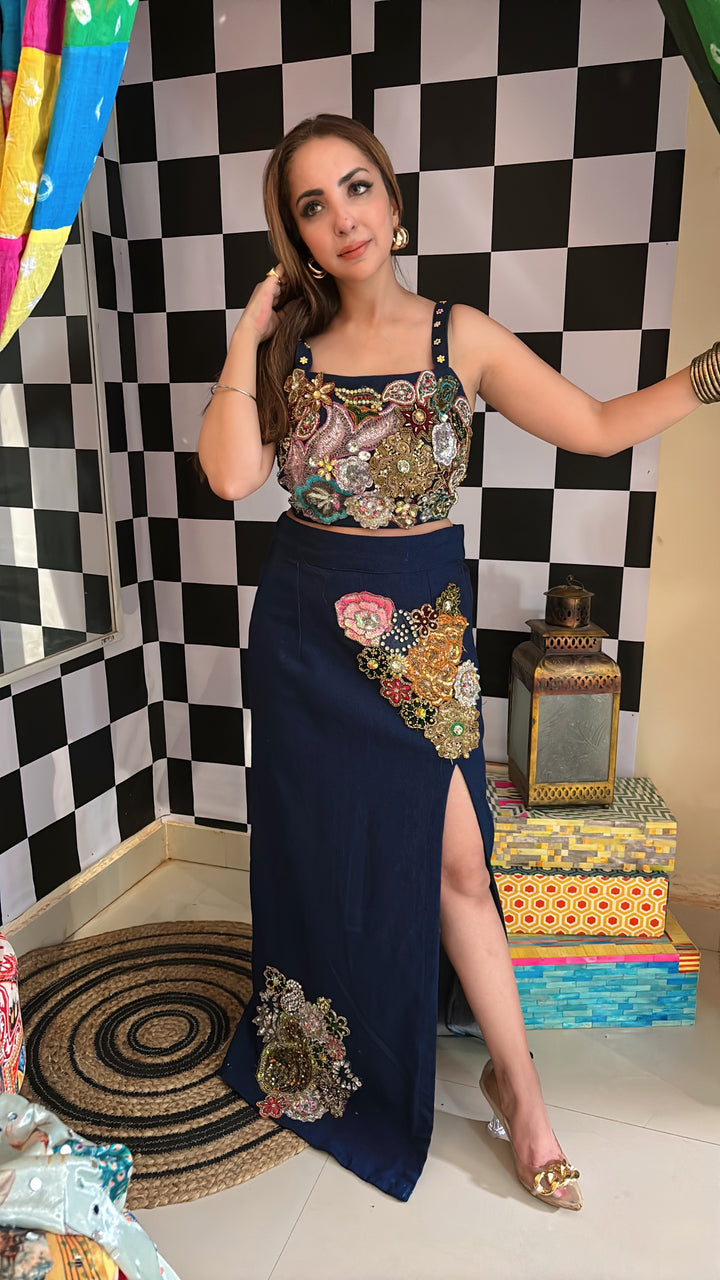 Denim Embellished Bustier & Slit Skirt Set