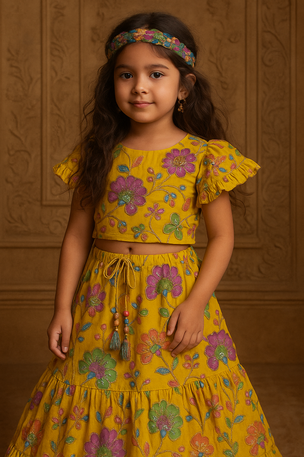 Sunshine Blossom Kids Co-ord Set – Hand-Embroidered Mustard Magic