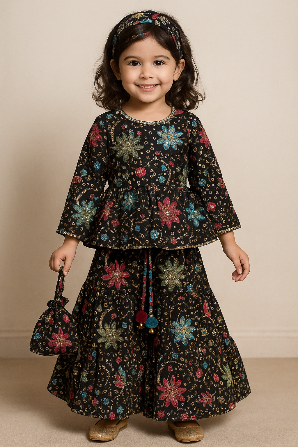 Midnight Bloom Embroidered Peplum & Skirt Set