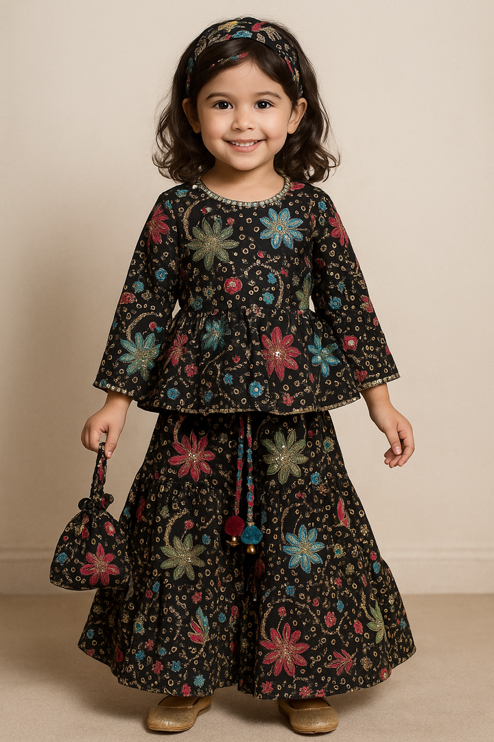 Midnight Bloom Embroidered Peplum & Skirt Set
