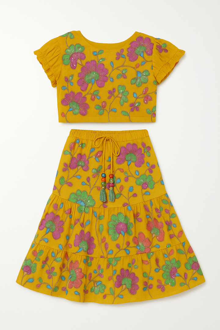 Sunshine Blossom Kids Co-ord Set – Hand-Embroidered Mustard Magic