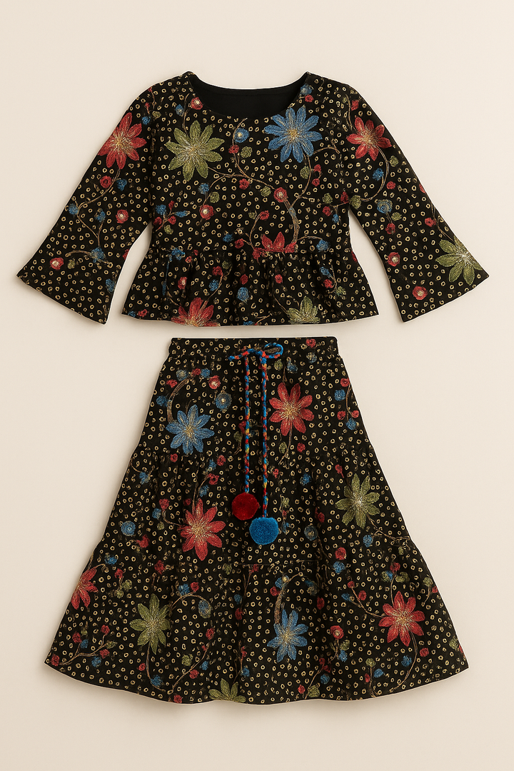 Midnight Bloom Embroidered Peplum & Skirt Set