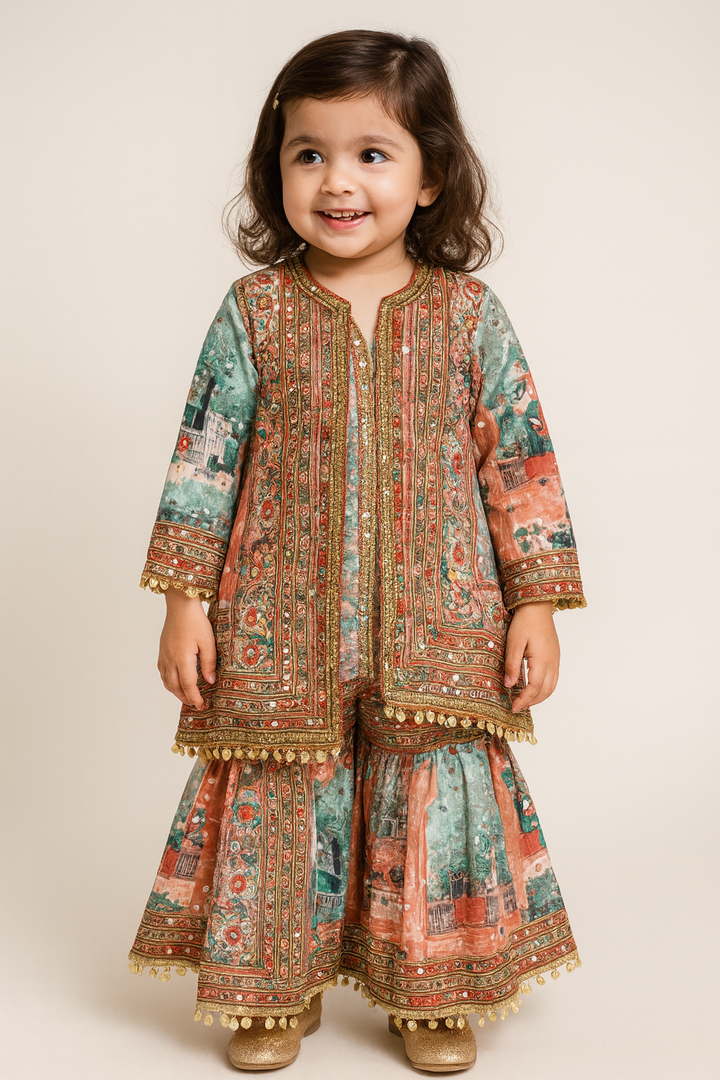 Mini Maharani Printed Jacket & Tiered Sharara Set