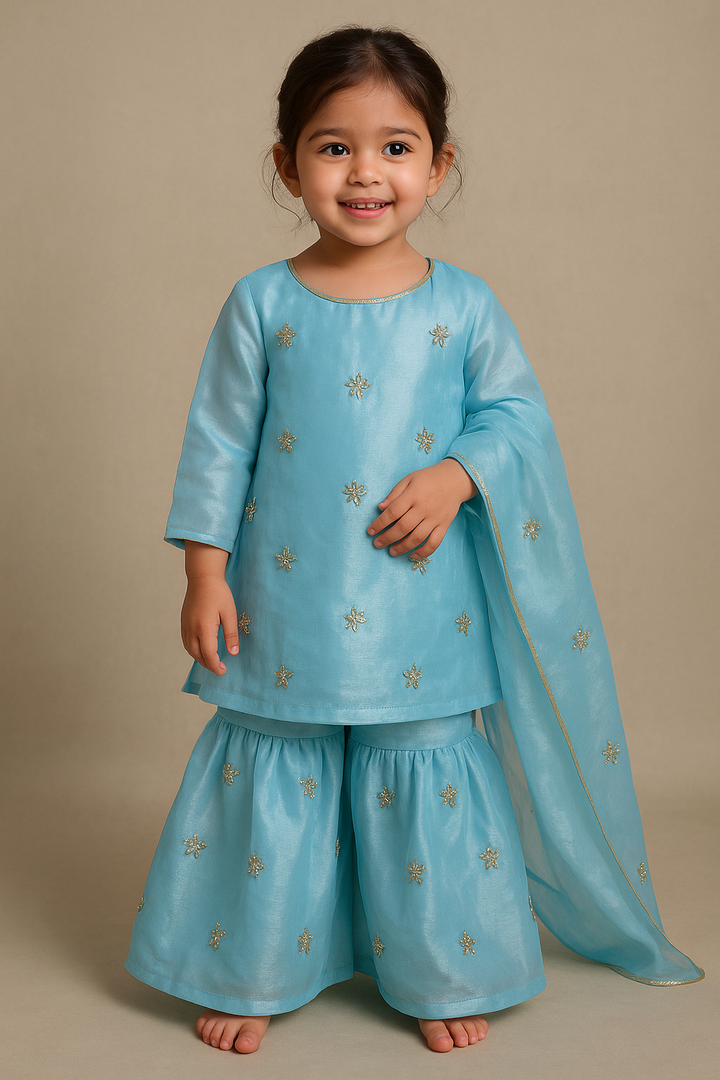 Aqua Noor Kids Sharara Set – Hand-Embroidered Grace
