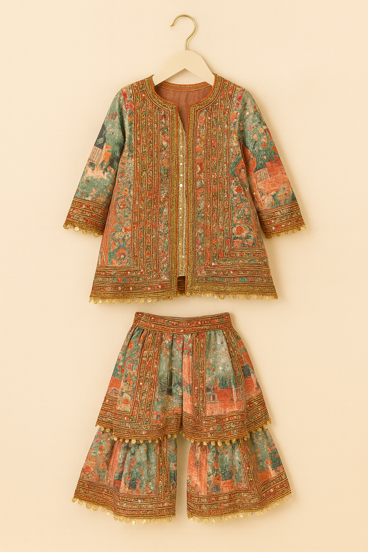 Mini Maharani Printed Jacket & Tiered Sharara Set