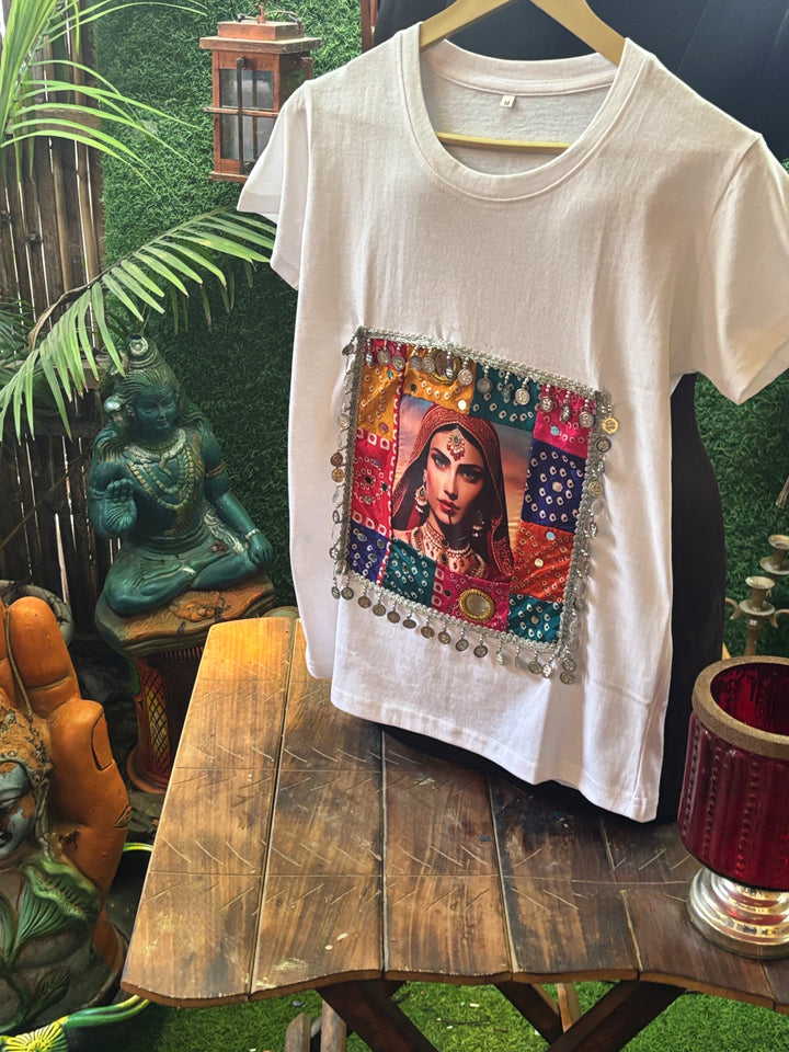 Desi Diva Boho Patch T-Shirt – Handcrafted Mirror & Coin Work Detail