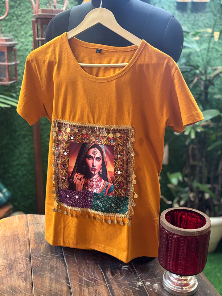 Maharani  Muse Boho Patch T-Shirt – Mustard Edition with Handcrafted Mirror & Coin Lace