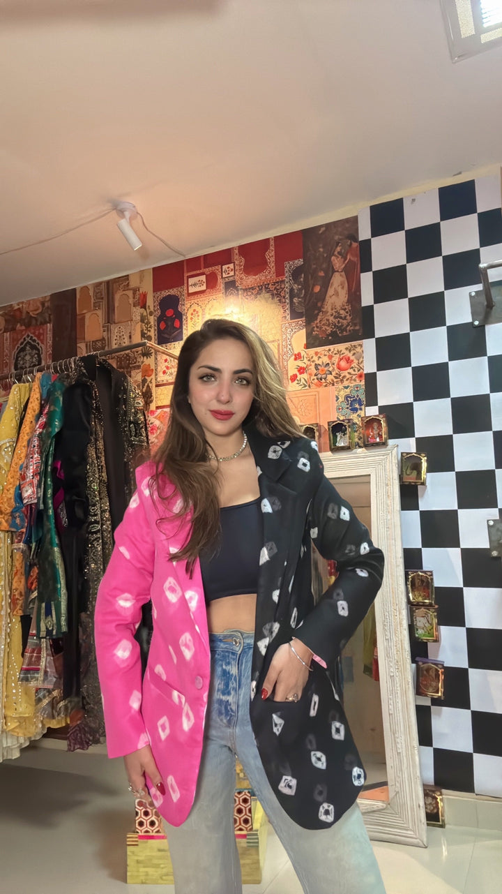 Dual-Tone  Pink & Black Bandhani Statement Blazer