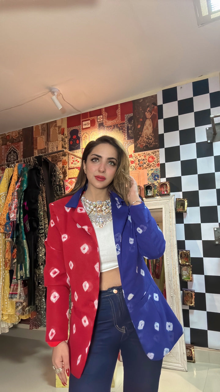 Dual-Tone  Red & Indigo Bandhani Statement Blazer