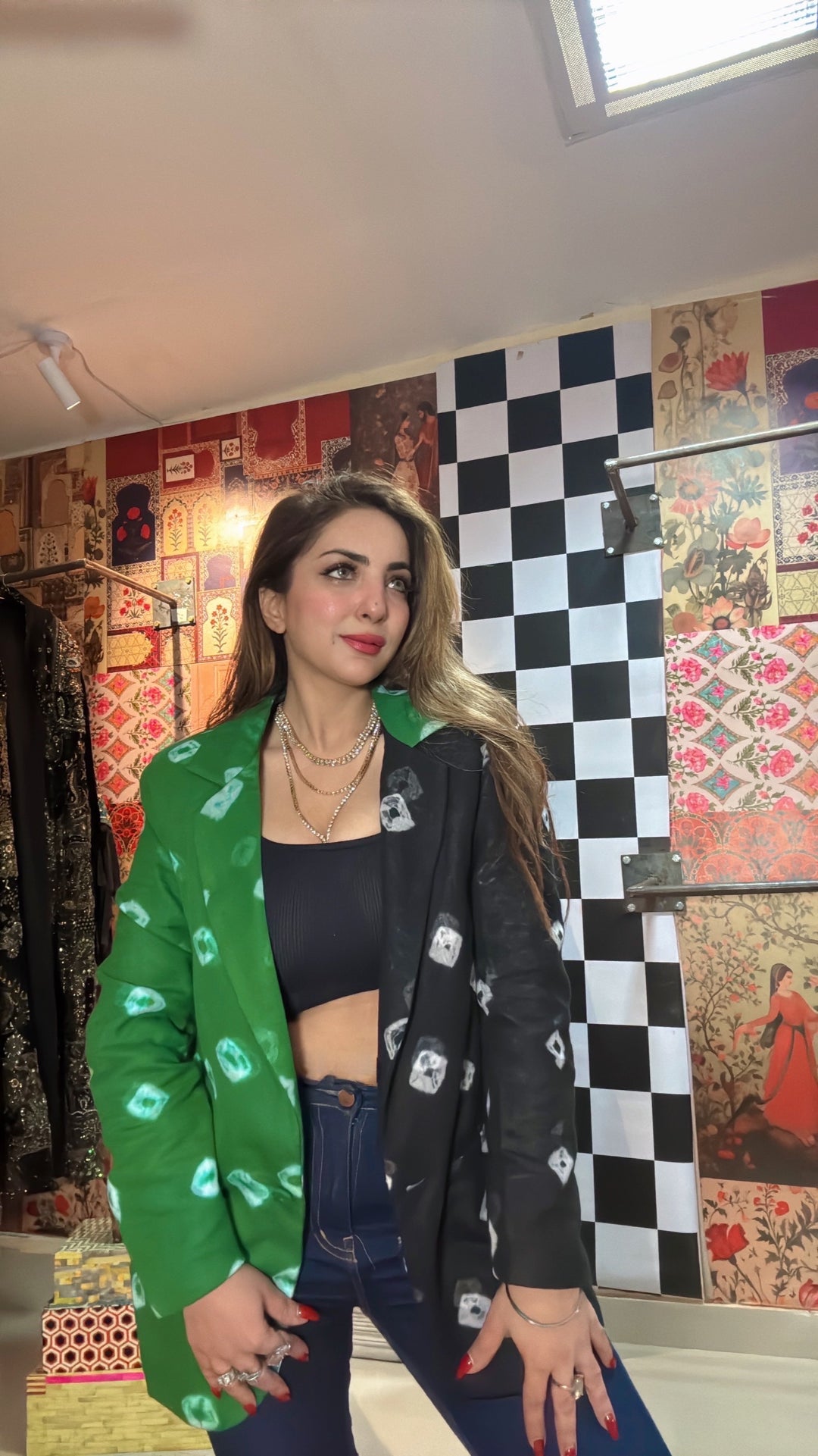 Dual-Tone  Green & Black Bandhani Statement Blazer