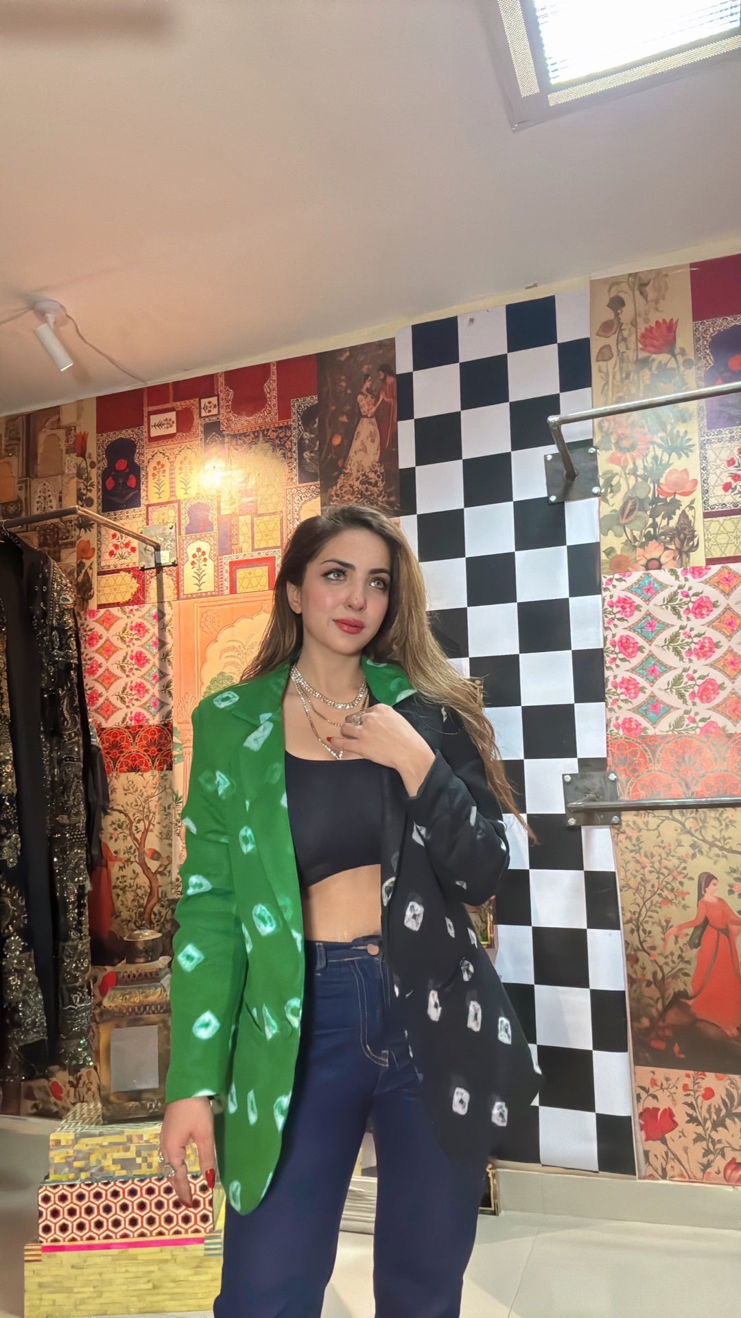 Dual-Tone  Green & Black Bandhani Statement Blazer