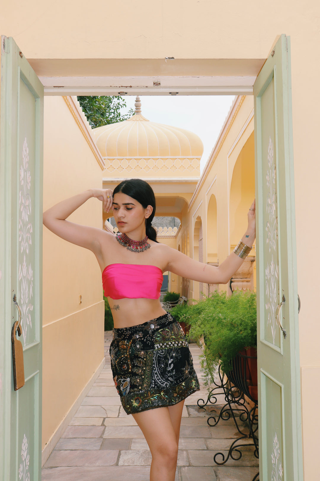 ‘Chingari’-Embellished mini skirt- Black