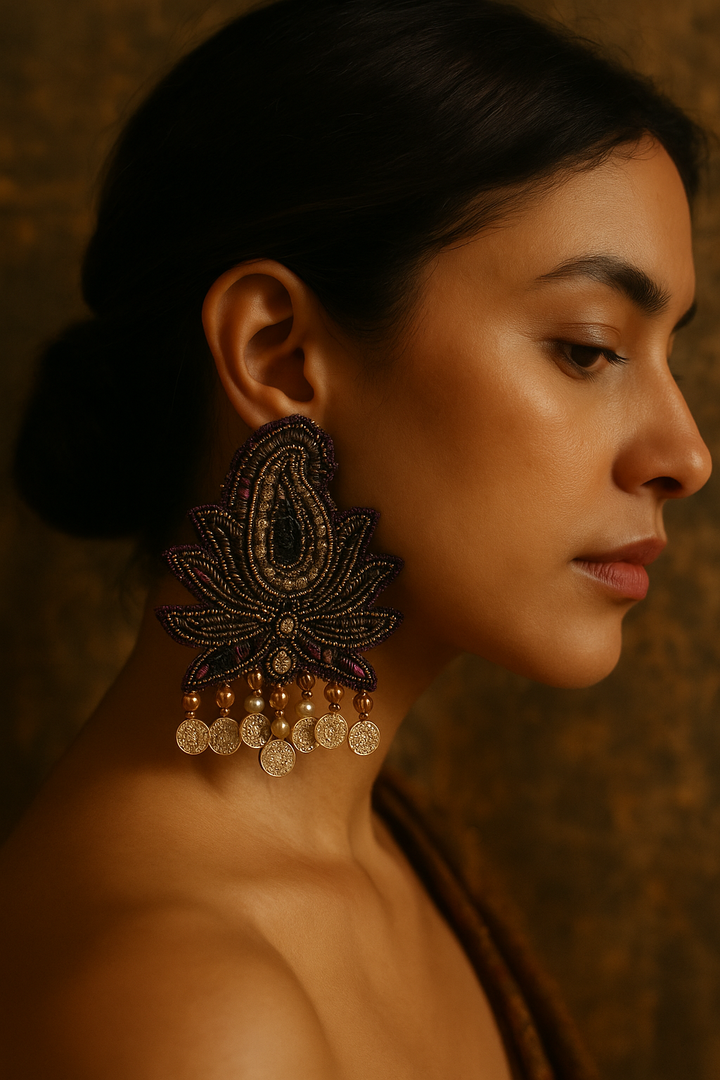 Lotus Motif Hand-Embroidered Statement Earrings
