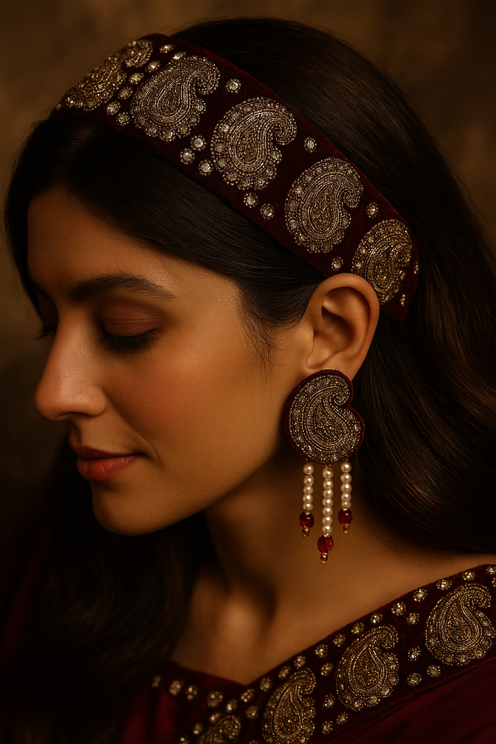 Velvet Maroon Paisley Hand-Embroidered Headband & Earrings