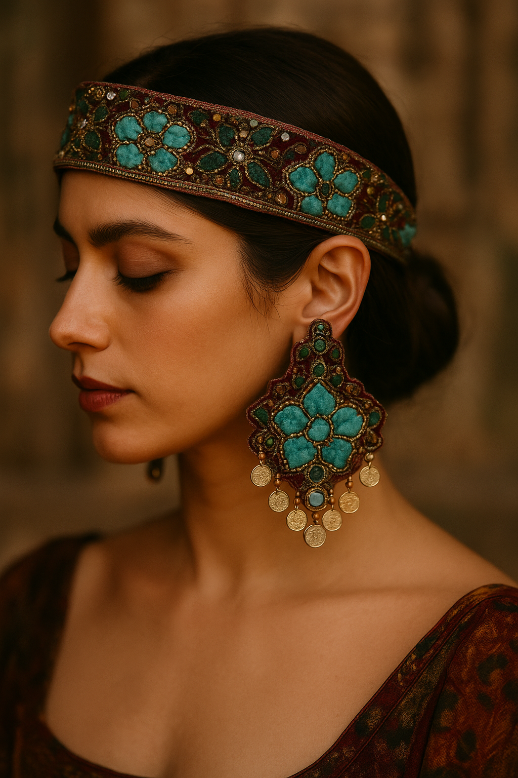 Teal Floral Hand-Embroidered Velvet Headband & Earrings Set