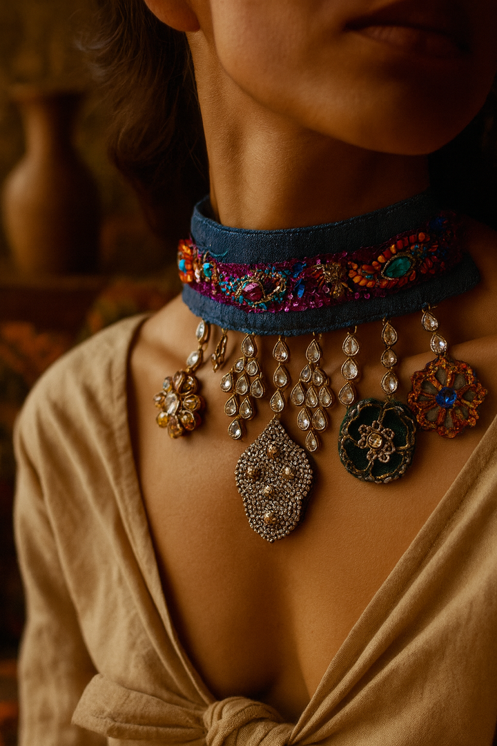Boho Luxe Hand-Embroidered Statement Choker Necklace-Fabric jewellery