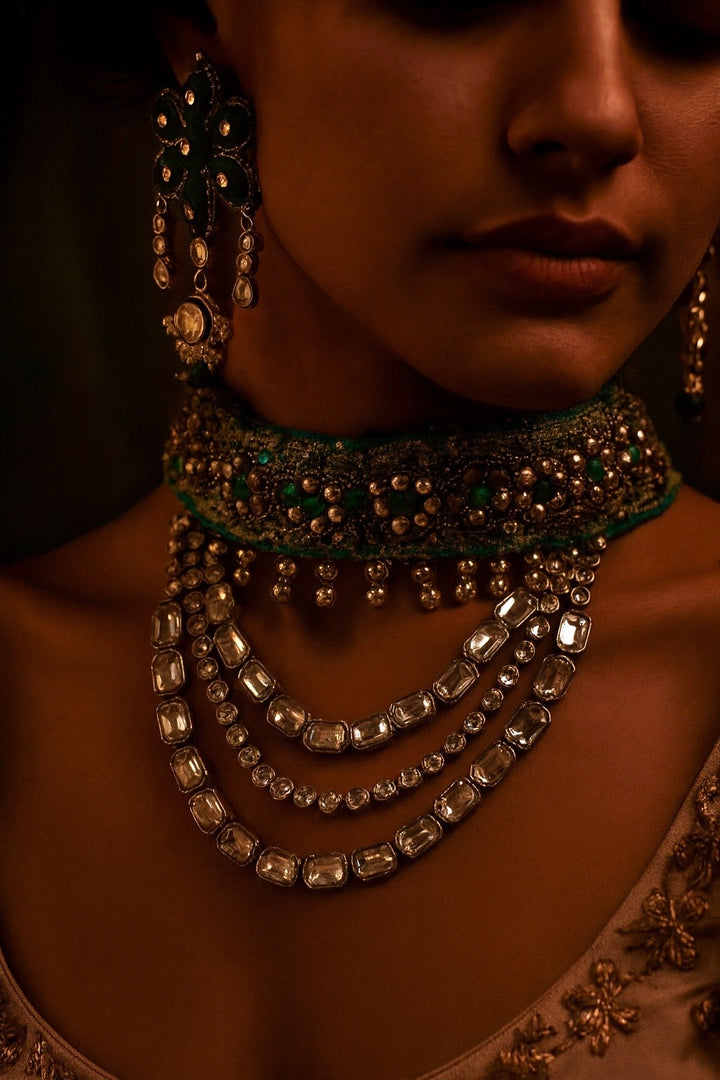 Emerald Encrusted Kundan Choker Necklace Set- Fabric jewellery
