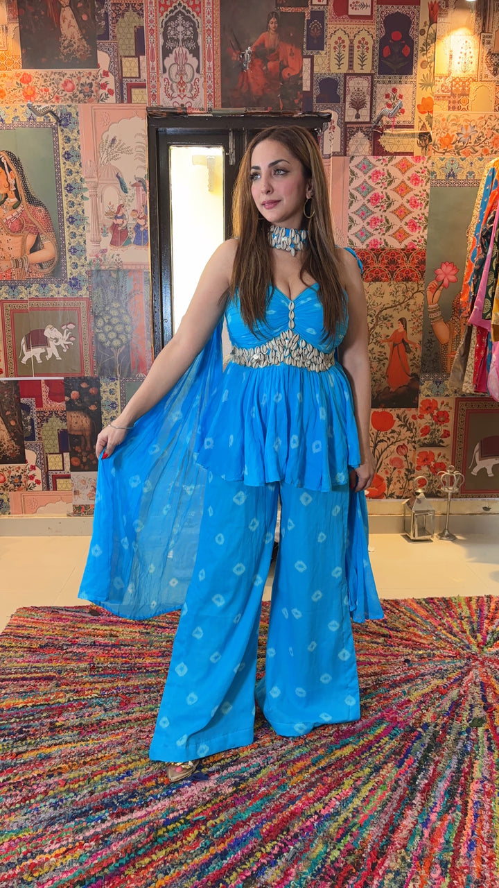Aqua Shell Embellished Bandhani Co-ord Set