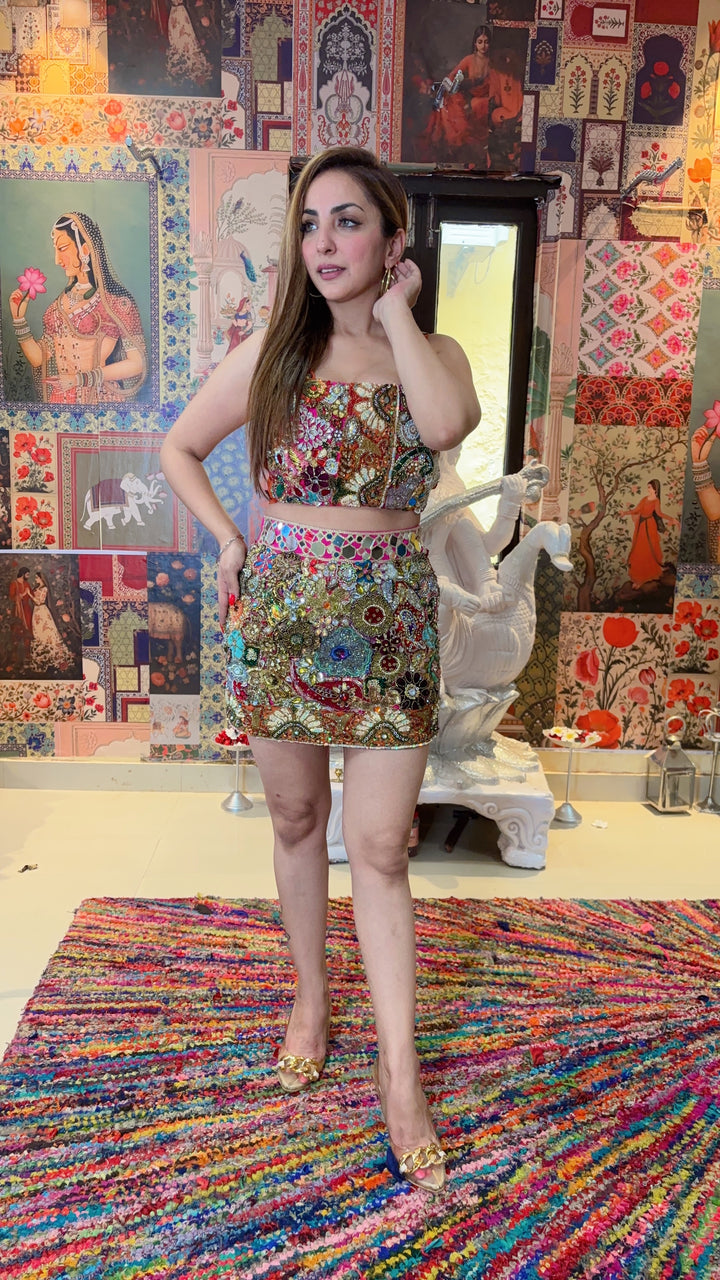 Hand-Embroidered Mirror & Sequin Bustier with Mini Skirt Set