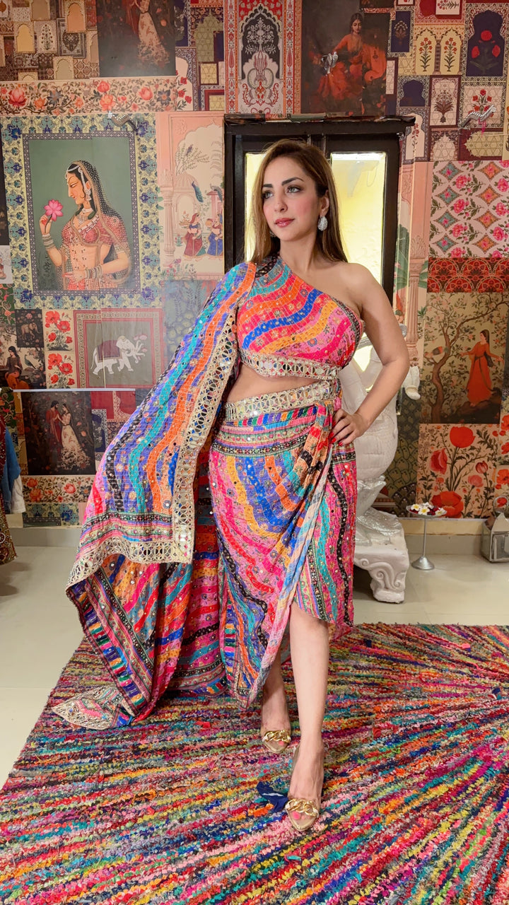 Rainbow Mirror-Embellished One-Shoulder Drape Saree