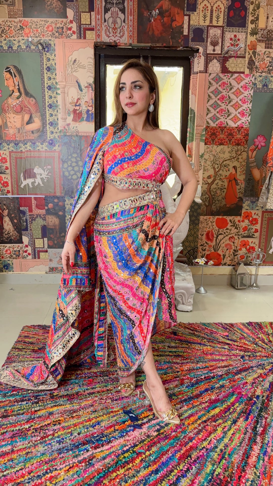 Rainbow Mirror-Embellished One-Shoulder Drape Saree