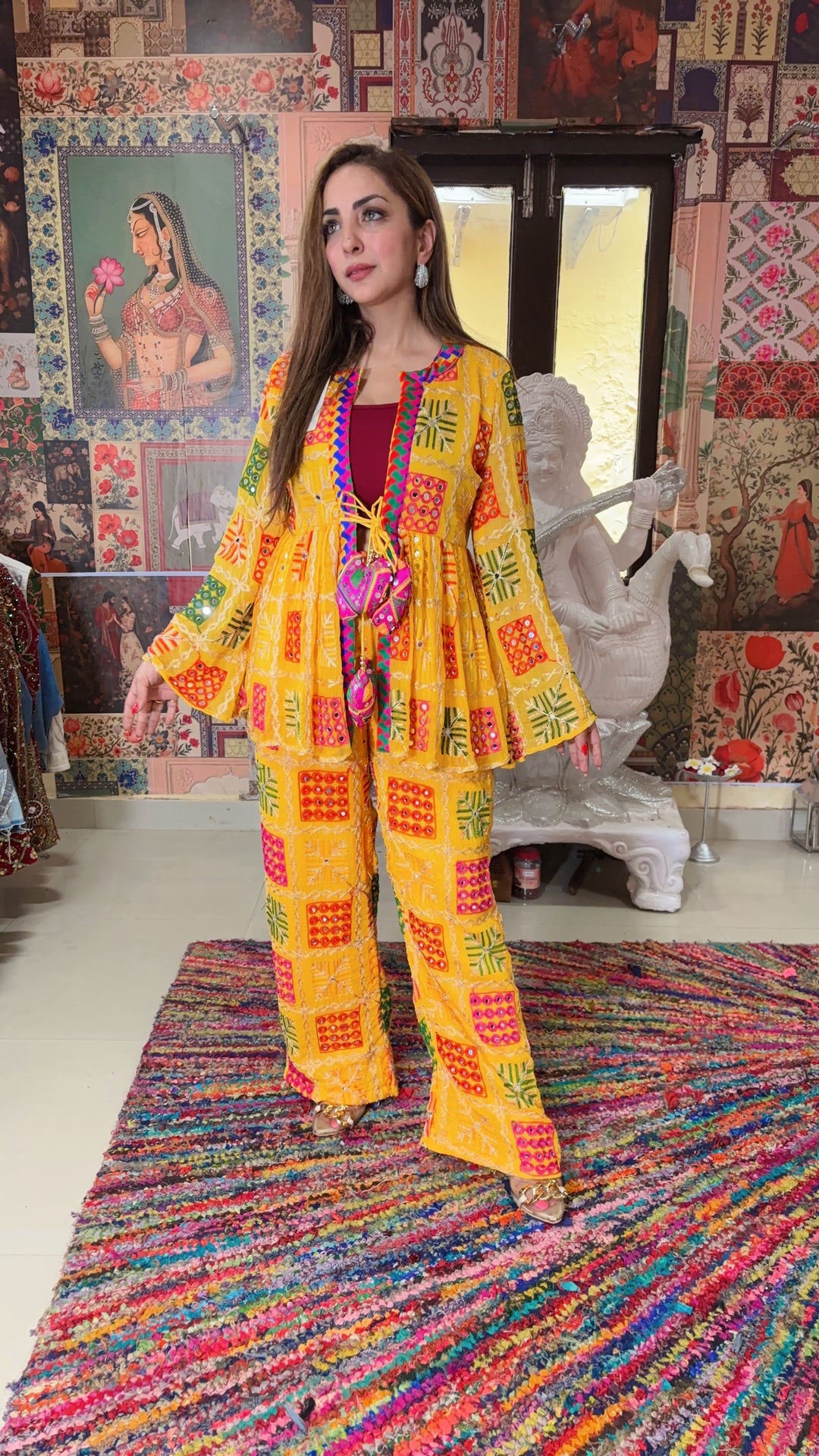 Sunny Yellow Hand-Embroidered Boho Jacket & Pants Set