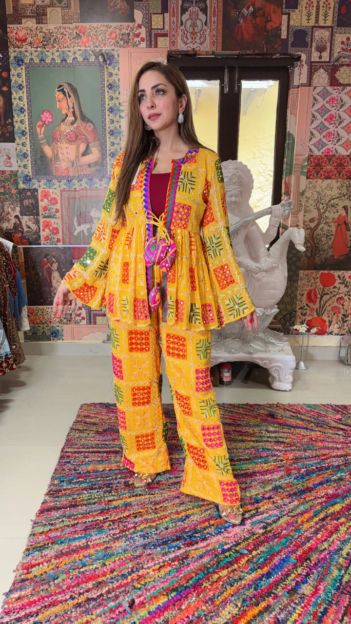 Sunny Yellow Hand-Embroidered Boho Jacket & Pants Set