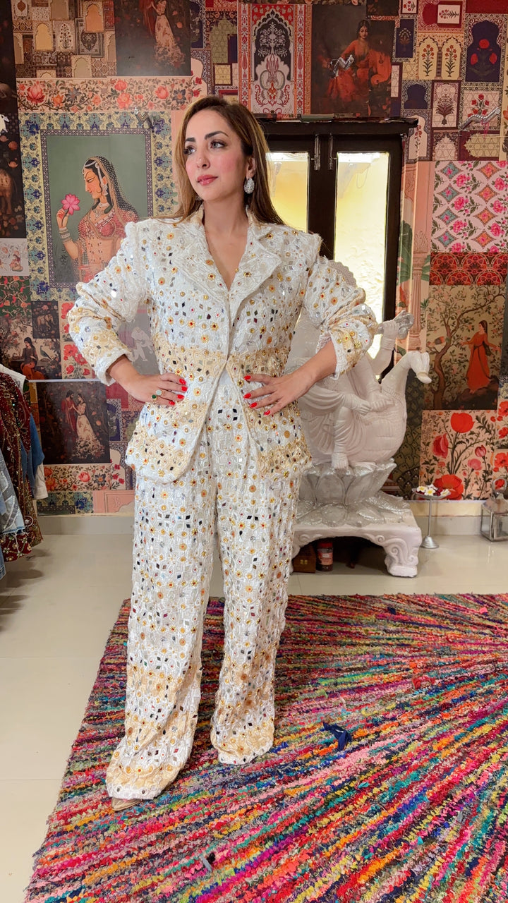 Ivory Mirror-Embroidered Blazer & Pants Set