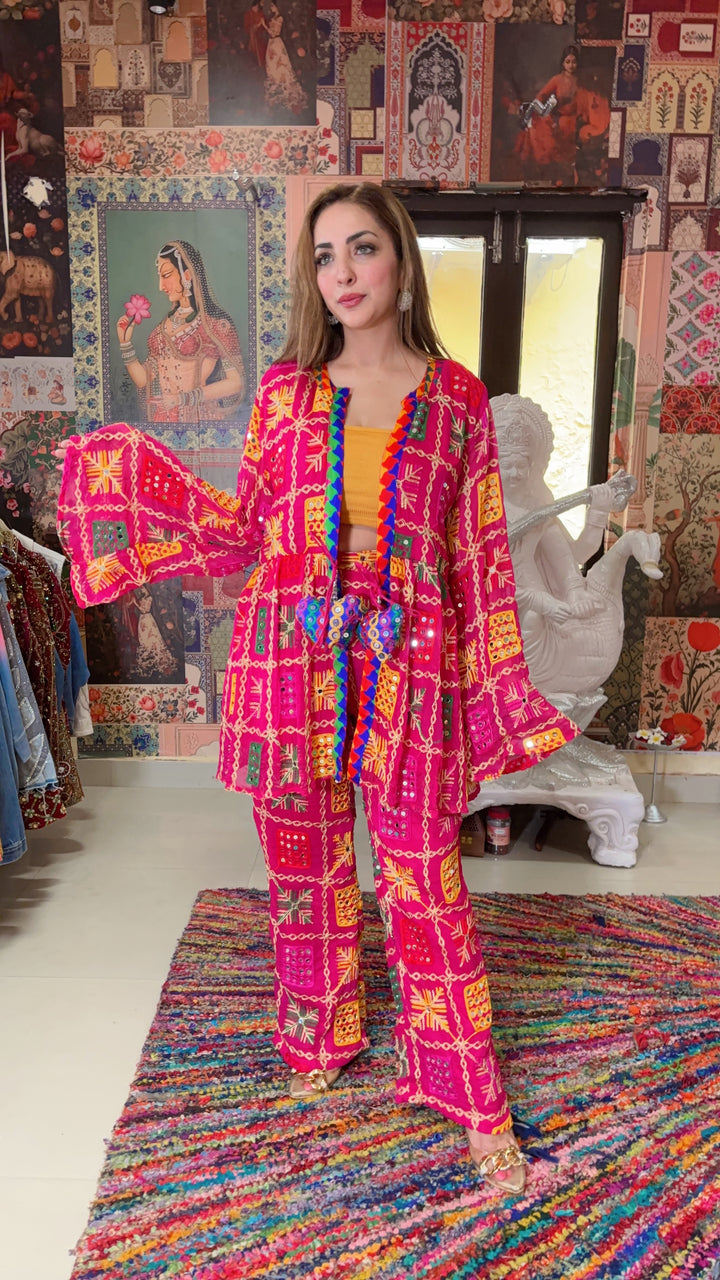 Hot Pink Hand-Embroidered Boho Jacket & Pants Set