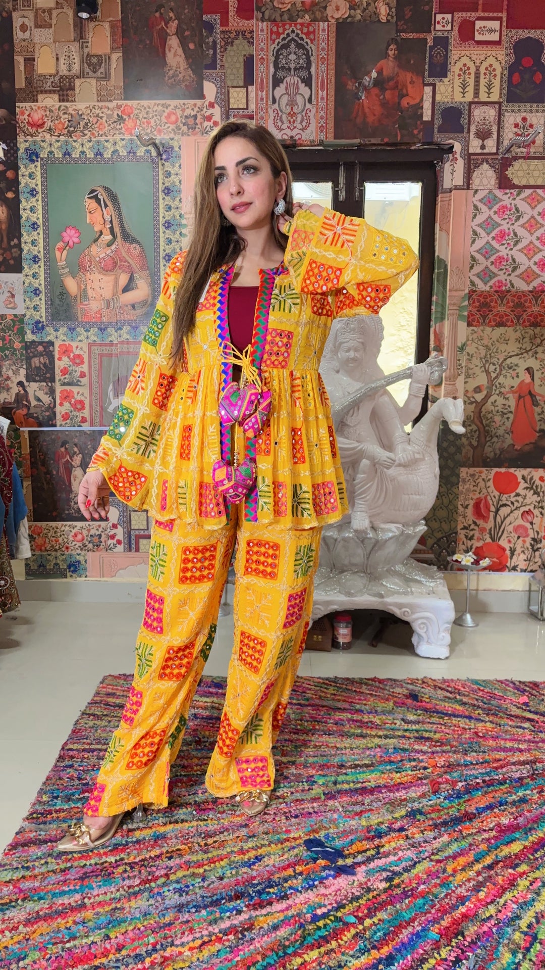 Sunny Yellow Hand-Embroidered Boho Jacket & Pants Set