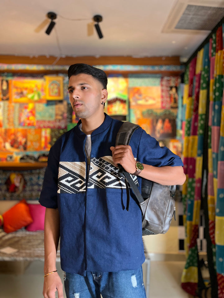Handcrafted Indigo Jacquard Patchwork Shirt Jacket