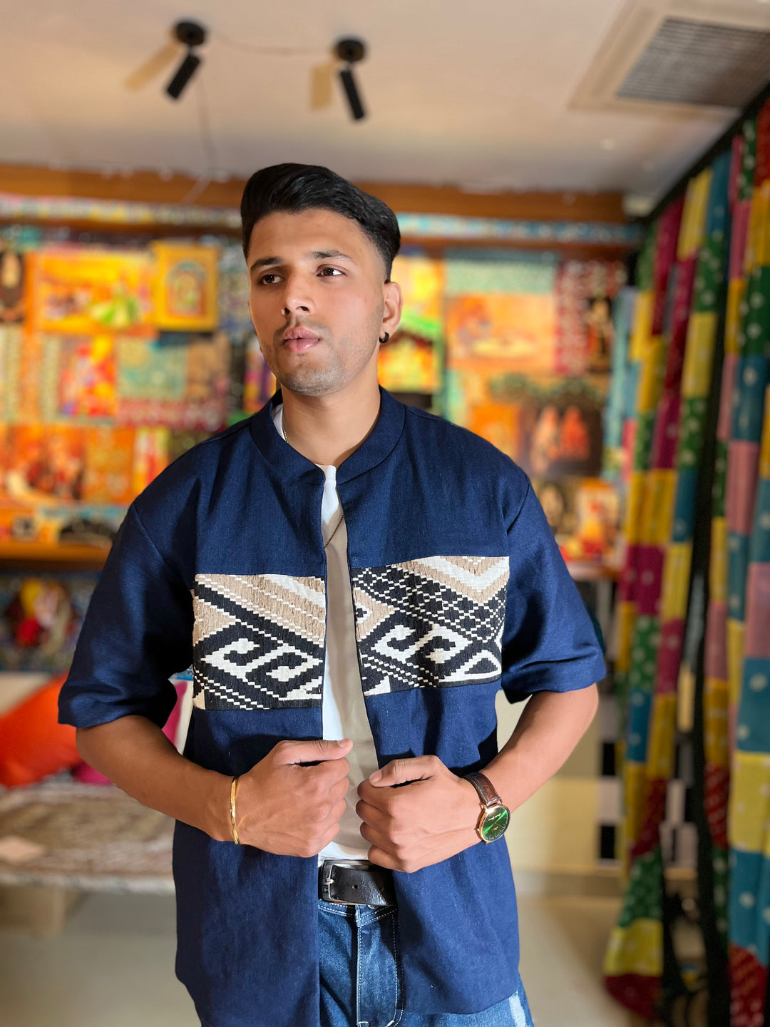 Handcrafted Indigo Jacquard Patchwork Shirt Jacket