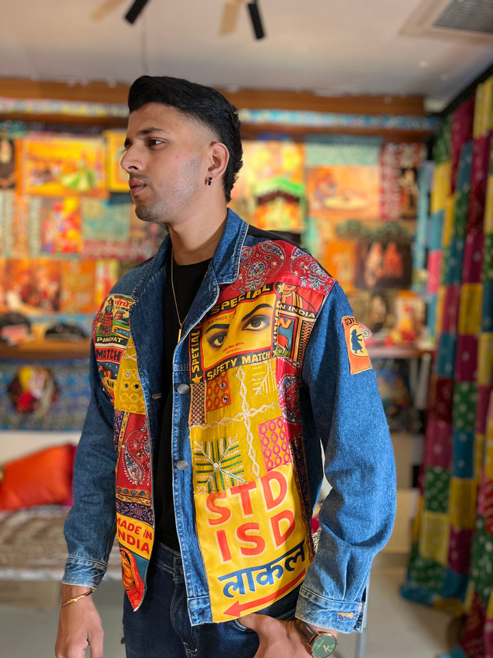 Denim Jacket With Vintage Matchbox Patchwork