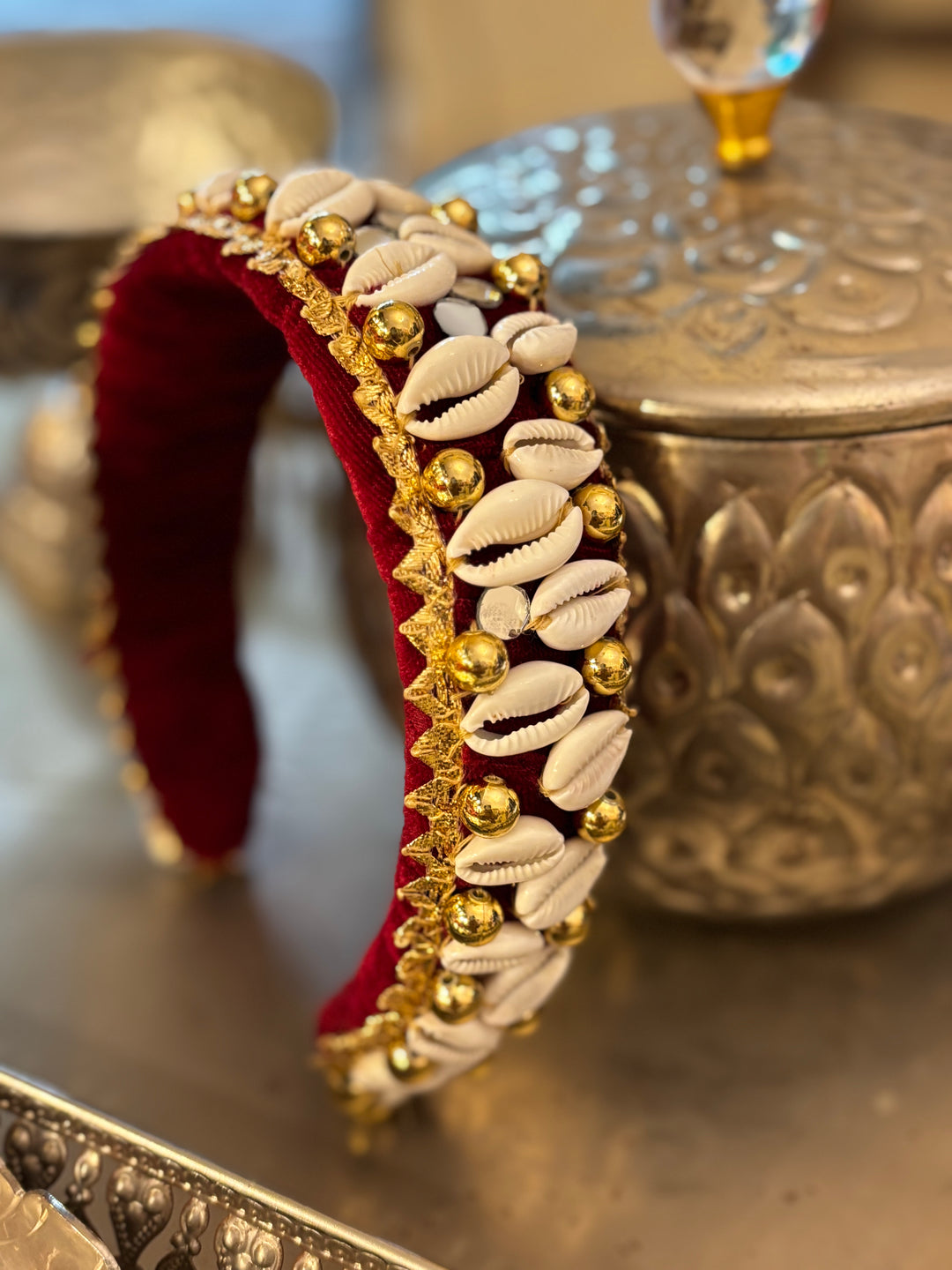 Ruhani Velvet Crown | Cowrie & Gold Hairband with shell - banjaratrail