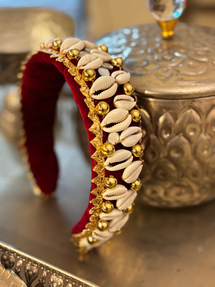 Ruhani Velvet Crown | Cowrie & Gold Hairband with shell - banjaratrail