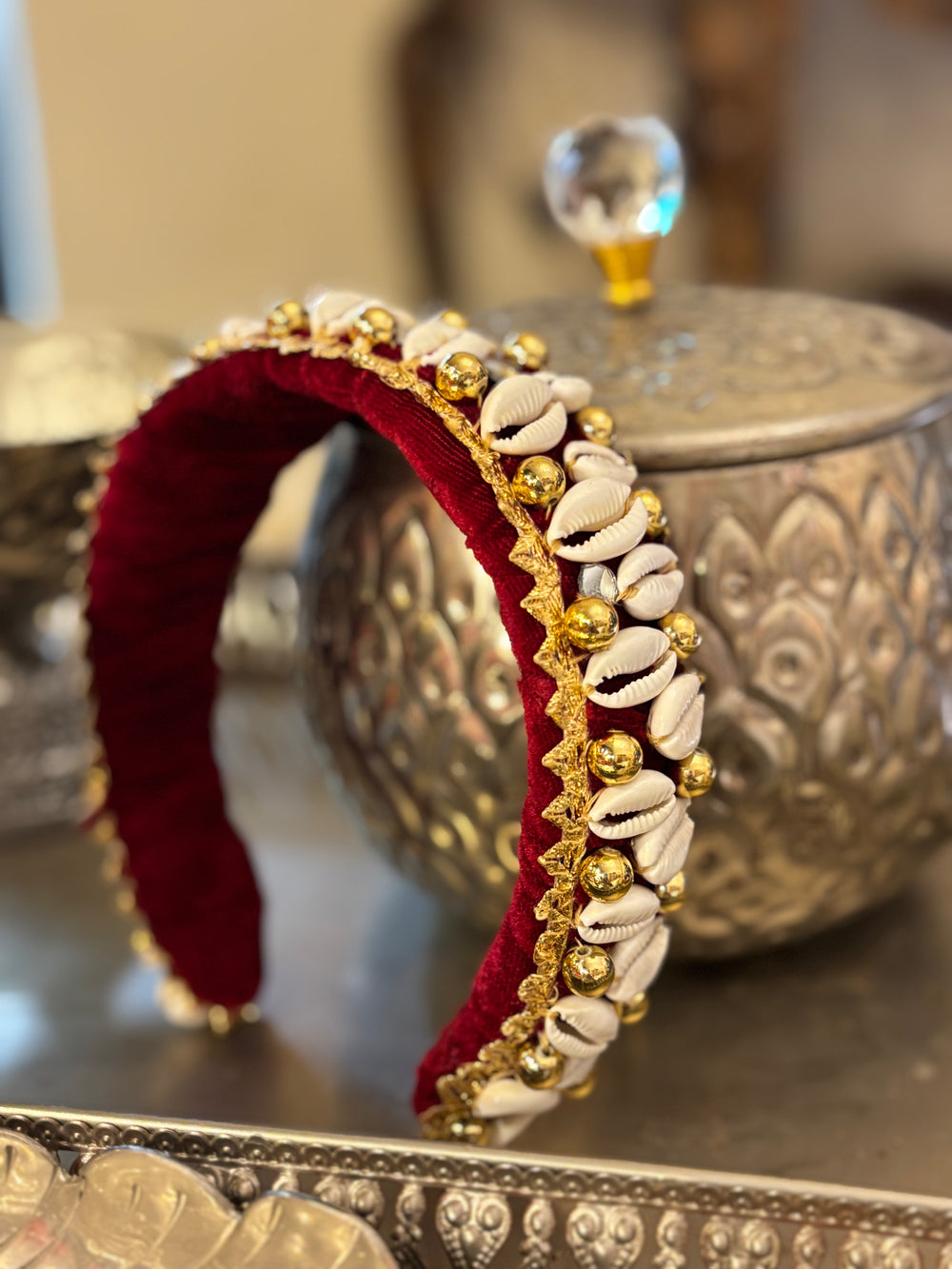 Ruhani Velvet Crown | Cowrie & Gold Hairband with shell - banjaratrail