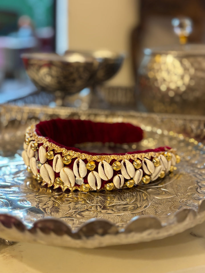 Ruhani Velvet Crown | Cowrie & Gold Hairband with shell - banjaratrail