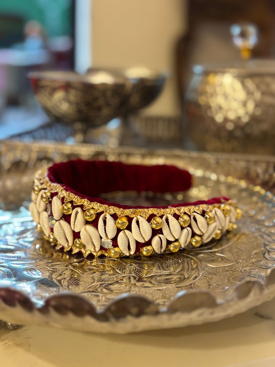 Ruhani Velvet Crown | Cowrie & Gold Hairband with shell - banjaratrail