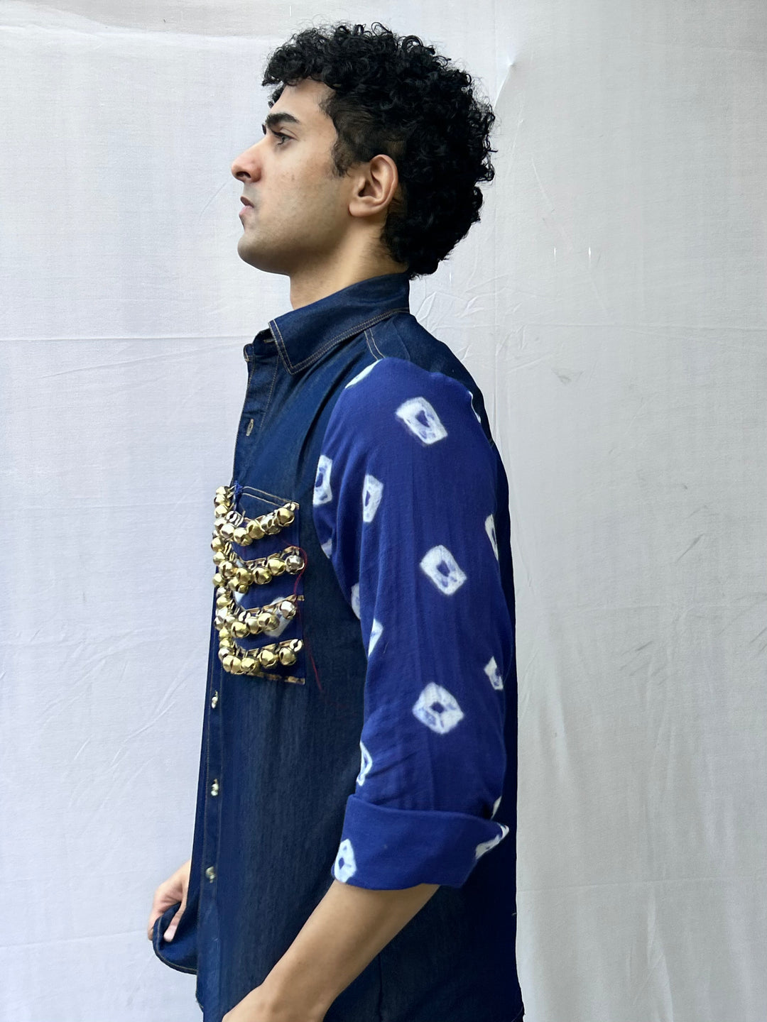 Neelkaar  Ghungroo Bandhani Denim Shirt