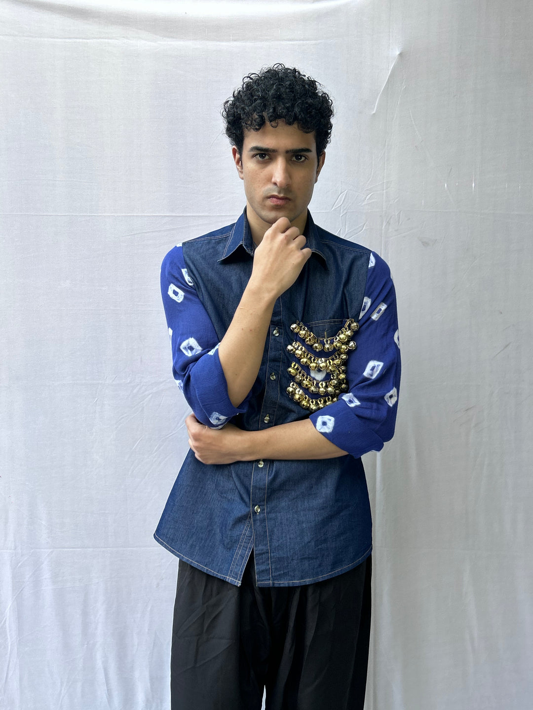 Neelkaar  Ghungroo Bandhani Denim Shirt